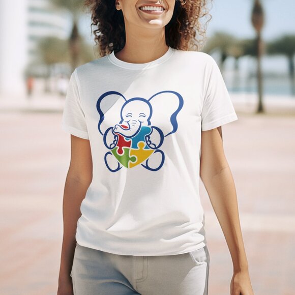 Cute Elephant Autism Awareness T-Shirt - Puzzle Heart Design - Picture 1 of 2
